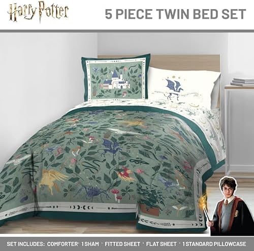 Harry Potter Twin Comforter Set 5 Piece Soft Floral Bedding, Green