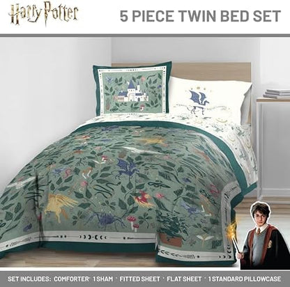 Harry Potter Twin Comforter Set 5 Piece Soft Floral Bedding, Green