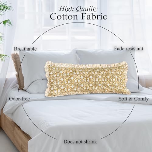 CPC Block Print Mustard Regal Ruffle Cotton Lumbar Pillow Cover 14x36 inch