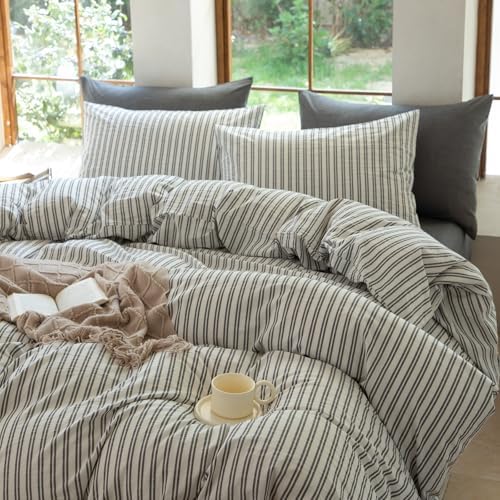 Striped Duvet Cover Set Full Size 3 Piece 100% Washed Cotton Linen Feel Bedding Comfy Breathable Modern Farmhouse (Full, Double Stripe-White/Black)