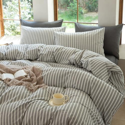 Striped Duvet Cover Set Queen Size 3 Piece 100% Washed Cotton Linen Feel Bedding Comfy Breathable Modern Farmhouse (Queen, Double Stripe-White/Black)