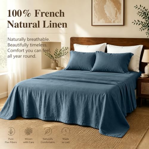 MEISHANG 100% French Linen Sheets King,4 Pcs,16" Deep Pocket