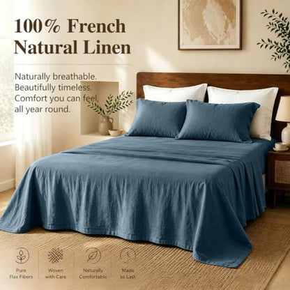 MEISHANG 100% French Linen Sheets King,4 Pcs,16" Deep Pocket