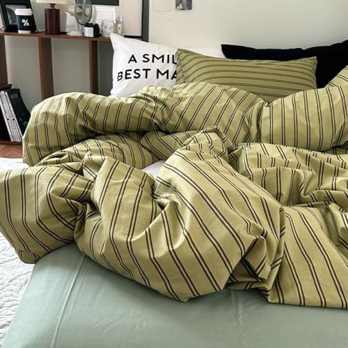 mixinni Vintage Mid-Century Striped Comforter Set Full - 3 Pieces 1 Fluffy Comforter&2 Pillowcases, Olive Green & Dark Brown Retro Striped Bed Set, All Season Lightweight & Breathable-Full Size