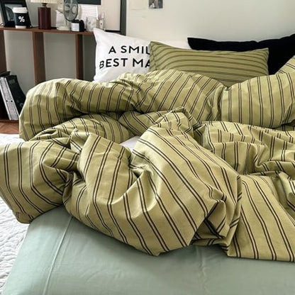 mixinni Vintage Mid-Century Striped Comforter Set Full - 3 Pieces 1 Fluffy Comforter&2 Pillowcases, Olive Green & Dark Brown Retro Striped Bed Set, All Season Lightweight & Breathable-Full Size
