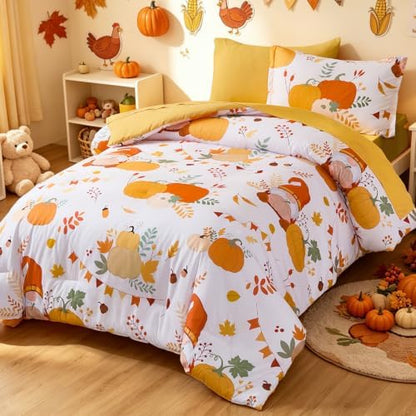 Thanksgiving Comforter Set Full Size,Pumpkin Comforters for Kids Teen