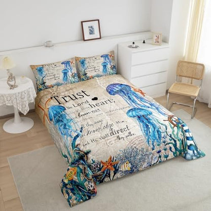 Homewish Jellyfish Comforter Set Queen Size,Nautical Anchor Lighthouse Bedding Set 3Pcs for Kids Girls Boys Teens Room Decor,Ocean Animals Quilt Set Vintage Bible Quotes Duvet Insert,2 Pillowcases