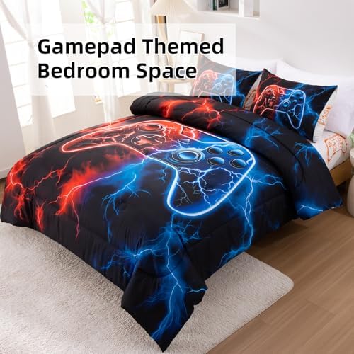 Meeting Story Gaming Bedding Set for Boys, 3D Game Controller Design with Lightning Background, Twin Gamer Bed Set, Polyester Fiber Comforter Set Suitable for All Seasons(RedBlue)