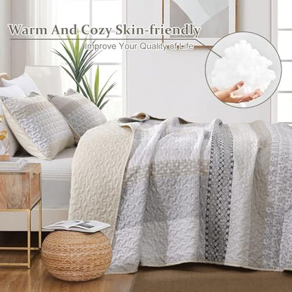 WONGS BEDDING Beige Quilt Queen Size, Boho Striped Bedspread