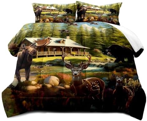 LUVIVIHOME 3PCS Rustic Bear Moose Deer Comforter Set Full Size, Cabin Bedding, Green Forest Animals Mallard Duck Wildlife Hunting Hunter Country Lodge Rustic Farmhouse Bedroom Decor, 2 Pillow Shams
