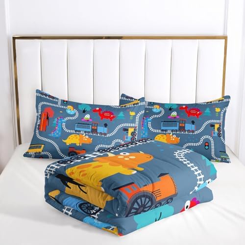 AILONEN Cartoon Train Comforter Set Full Size, Railroad Train Printed Bedding Set for Kids,Cute Dinosaur Comforter Set for All Season,3-Pieces,1 Comforter with 2 Pillowcases,Soft Machine Washable