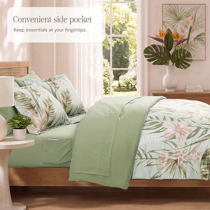 BLOOMHAVEN Queen Comforter Set-7 Pieces Green Floral Bed in a Bag Queen