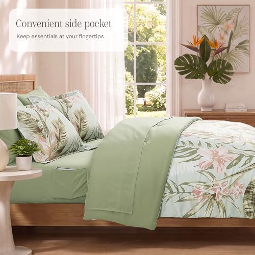BLOOMHAVEN Full Size Comforter Sets-7 Pieces Green Floral Bed in a Bag