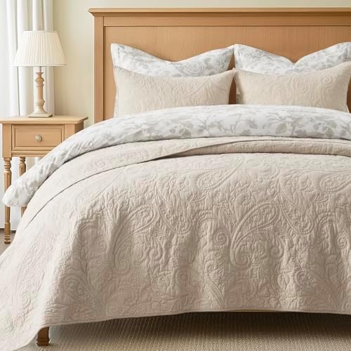 EVERGRACEHOME 100% Cotton Paisley Quilt Set, King Size, Flax Beige