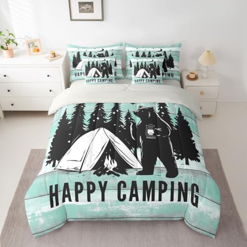 Erosebridal Happy Camping 7 Pieces Bedding Set Full Size,Camping Lover Bed in a Bag,Cabin Funny Bear Bed Set Includes Comforter,Sheet Set,Pillowcases & Pillow Covers,Green Wooden Plank Bedroom Decor