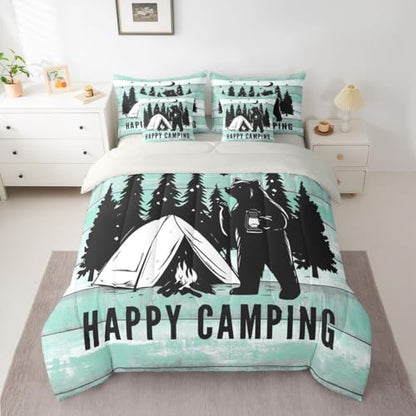 Erosebridal Happy Camping 7 Pieces Bedding Set Full Size,Camping Lover Bed in a Bag,Cabin Funny Bear Bed Set Includes Comforter,Sheet Set,Pillowcases & Pillow Covers,Green Wooden Plank Bedroom Decor