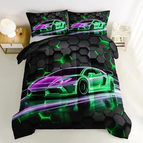 HOSIMA Kids Race Car Queen Comforter Sports Bedding with 2 Pillowcases.