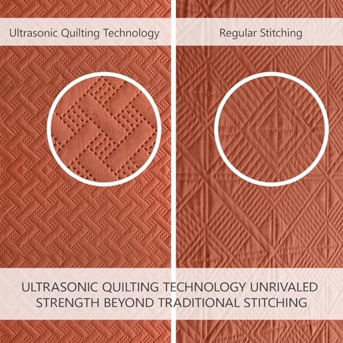 FLYMME Burnt Orange Twin Quilt Bedding Set Thin Lightweight Bedspreads,Modern Style Geometric Weave Stripe Pattern,Soft Microfiber Bed Coverlet for All Season (1 Quilt, 1Sham)