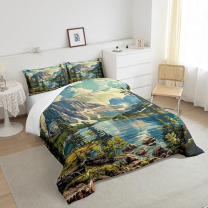 Camping Theme Bedding Set King Size,Mountain River Comforter Set for Kids Teens Adults Room Decor,Woodland Camping Adventure Duvet Insert 3Pcs,Nature Scenery Lake House Quilt Set,2 Pillowcases
