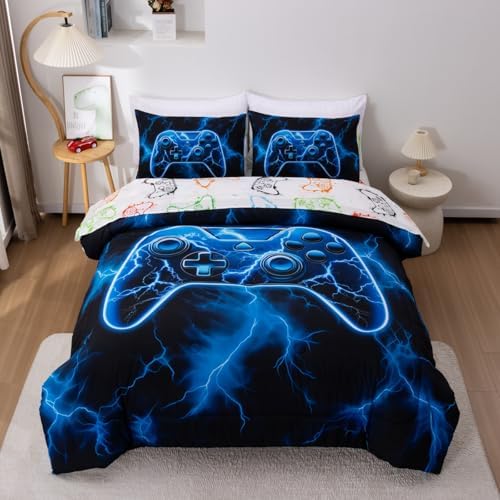 Meeting Story 5 Pieces Kids Game Comforter Set Queen Size Blue Gamer Bedding Set for Boys Teen 3D Cool Black Video Gaming Bed in A Bag with Sheets(Blue)