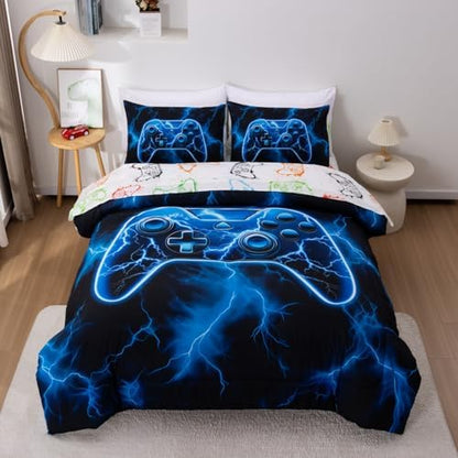 Meeting Story 5 Pieces Kids Game Comforter Set Queen Size Blue Gamer Bedding Set for Boys Teen 3D Cool Black Video Gaming Bed in A Bag with Sheets(Blue)