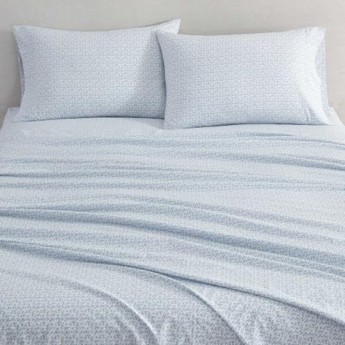 Martha Stewart - Queen Sheet Set with Fitted Sheet & Pillowcases, Cotton Percale Bedding with a Smooth Feel, Deep Pocket, Leaves Blue