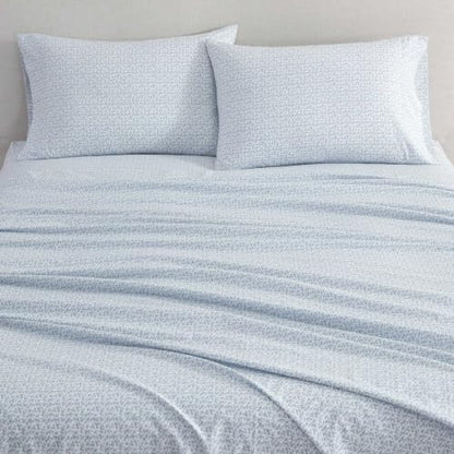Martha Stewart - Queen Sheet Set with Fitted Sheet & Pillowcases, Cotton Percale Bedding with a Smooth Feel, Deep Pocket, Leaves Blue