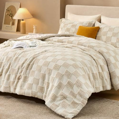 Sasttie King Comforter Set, 3 PC Boho Tufted Bed, Checkered Bedding, Beige