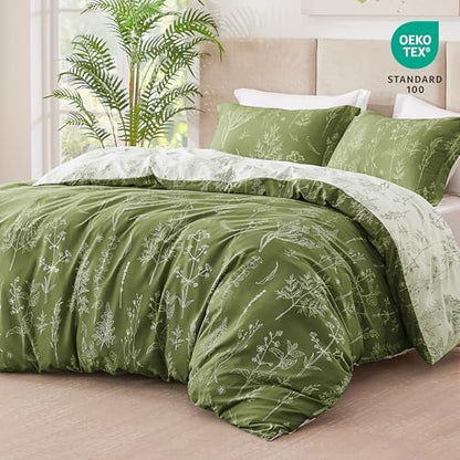 Love's cabin Olive Green Queen Comforter Set - Queen Size Comforter Set, 3 Pieces Cute Floral Bedding Sets for All Seasons,1 Soft Reversible Botanical Flowers Comforter and 2 Pillow Shams