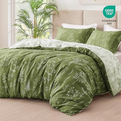 Love's cabin Olive Green Full Comforter Set - Full Size Comforter Set, 3 Pieces Cute Floral Bedding Sets for All Seasons,1 Soft Reversible Botanical Flowers Comforter and 2 Pillow Shams