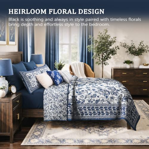 FLYMME Blue and White Vintage Floral Quilt Set Twin Size, 2-Piece Classic Reversible Bedspread Coverlet with 1 Pillow Sham, Lightweight Botanical Bedding Set for All Season