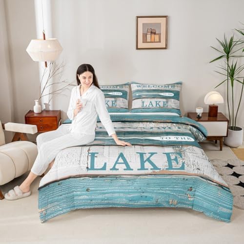 Lake House Comforter Set King Size, Rustic Cabin Farmhouse Style Bedding Set 3pcs, Blue Grey Wooden Plank Down Comforter for Women Adults Room Decor, Country Lake Life Luxury Bed Set for All Season