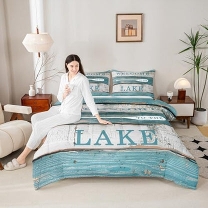 Lake House Comforter Set Queen Size, Rustic Cabin Farmhouse Style Bedding Set 3pcs, Blue Grey Wooden Plank Down Comforter for Women Adults Room Decor, Country Lake Life Luxury Bed Set for All Season