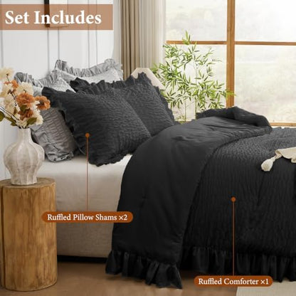 JOLLYVOGUE Black Queen Comforter Set, 3 Pieces Seersucker Comforters Queen Size, Lightweight & Fluffy Bedding Sets Queen for All Season with 1 Ruffle Comforter and 2 Ruffle Pillowshams