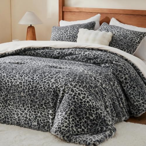 BEDELITE Faux Fur Queen Comforter Set Grey Cheetah,Thick & Warm Comforter