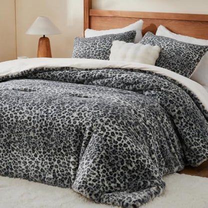 BEDELITE Faux Fur King Comforter Set Grey Cheetah,Warm Comforter for Winter