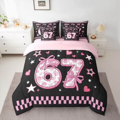 Erosebridal Cute Coquette Bow Queen Bedding Set 7 Piece for Kids Girls Cartoon 67 Bowknot Comforter Set with Sheets Pink Checkered Plaid Number Print Bed in A Bag Girly Kawaii Six Seven Bed Set