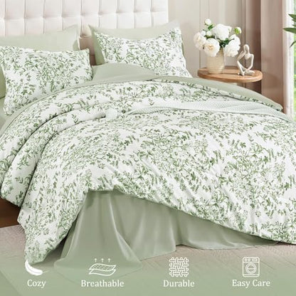 WONGS BEDDING 6 Pieces Twin Size Comforter Set Green Floral Bed Set
