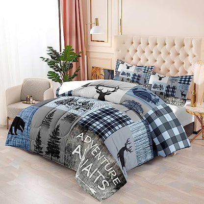 LUVIVIHOME 2PCS Rustic Cabin Comforter Set Twin, Black Bear Deer Elk Moose Woodland Forest Animals Wildlife Hunting Lodge Blue Plaid Country Farmhouse Bedding Sets, Patchwork Quilt, 1 Pillow Sham