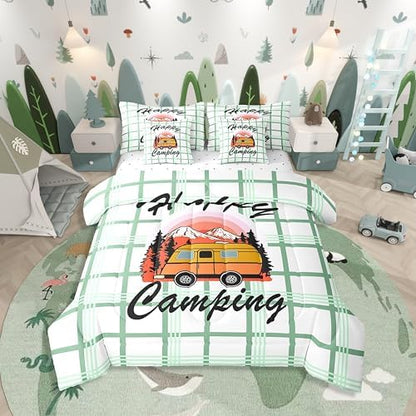 Erosebridal Happy Camping Comforter Set King Size,Cartoon RV Bedding Set for Kids Teens,Green Buffalo Plaid (Comforter+Fitted+Flat Sheet+2 Pillowcases+2 Throw Pillow Covers) 7 Pieces Bed Set