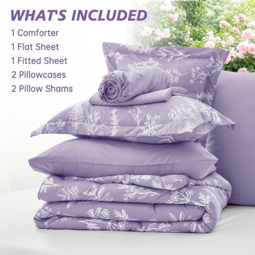 MUXHOMO Oversized King Comforter Set, Lavender Elegant Floral Print Bed in a Bag 7 Pieces, Soft & Breathable Reversible Botanical Pattern Bedding Set with Comforter, Sheets, Pillowcases, and Shams