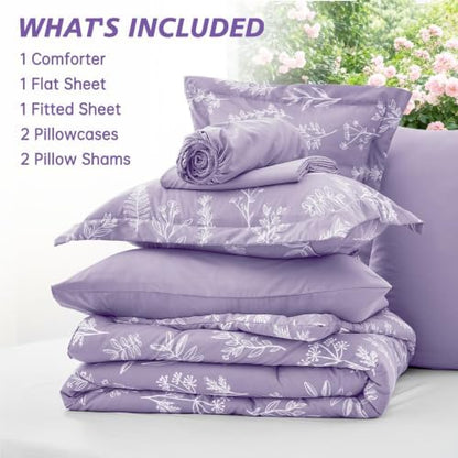 MUXHOMO Oversized King Comforter Set, Lavender Elegant Floral Print Bed in a Bag 7 Pieces, Soft & Breathable Reversible Botanical Pattern Bedding Set with Comforter, Sheets, Pillowcases, and Shams