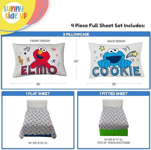 Sunny Side Up Sesame Street Full Sheet Set - 4 Piece Kids Bedding Set Includes Pillow Cover – Super Soft Microfiber Sheets with Elmo, Cookie Monster and Big Bird