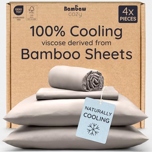 Bambaw 100% Viscose Derived from Bamboo Twin Size Sheets Set – 4-Piece Cooling Twin Sheets Set, Lightweight, Silky Soft & Breathable, Helps Keep You Cool & Dry All Night (Sand)