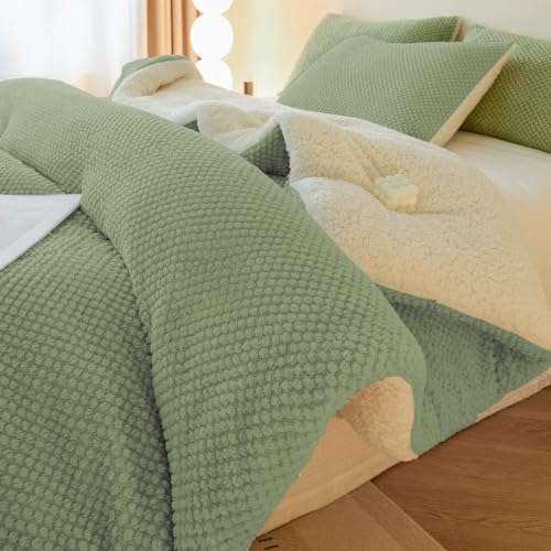 LLanCL 3D Jacquard Design Comforter Set, Ultra-Soft Warm Twin Size Sherpa Fur Plush 2-Pieces Sets Luxury Cozy Bedding with 1 Pillowcase (68"x90", Sage Green)