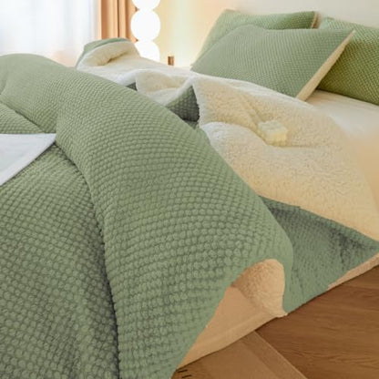 LLanCL 3D Jacquard Design Comforter Set, Ultra-Soft Warm Twin Size Sherpa Fur Plush 2-Pieces Sets Luxury Cozy Bedding with 1 Pillowcase (68"x90", Sage Green)
