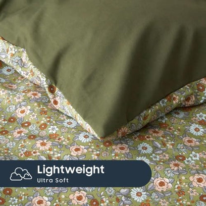 Wake In Cloud - Floral Comforter Set with Sheets, Cute Vintage Flower Cottagecore Aesthetic for Women Teen Girls, 5 Pieces Bed in a Bag, Olive Green, Twin Size