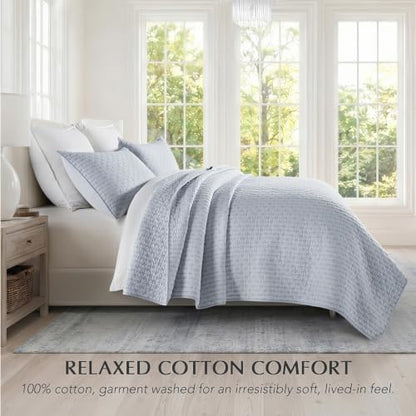 EVERGRACE 100% Cotton Cross Stitch 3-Piece Quilt Set, King, Powder Blue