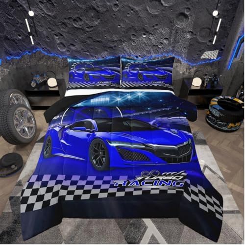 Feelyou Ombre Racing Car Bedding Set Full Size Kids Blue Speed Sports Car Bedding Set for Boys Girls Teens Extreme Sports Duvet Quilt Breathable Soft Lightweight Microfiber Room Decor