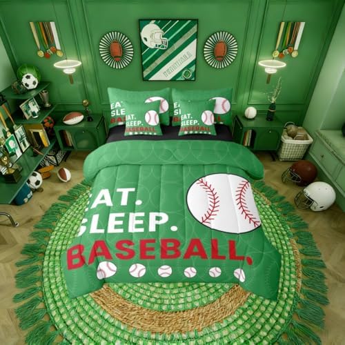Erosebridal Games Kids Baseball Green Comforter Set Queen Size 7 Pieces | White Red Gaming Bed in A Bag Softball Sports Bed Set Boys Girls Teens Bedding